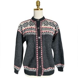 Rugged Bear Women Vtg Black Fair Isle Wool Button Ski Knit Cardigan Sweater Sz M